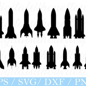 May include: A collection of black silhouette images of various space shuttle designs. The image includes different styles of rockets and space shuttles, perfect for digital art projects. The bottom of the image displays the text "EPS / SVG / DXF / PNG".