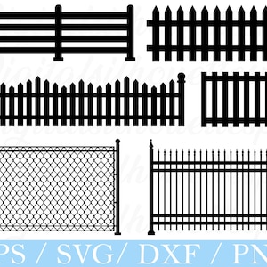 Puede incluir: Una colección de diseños de vallas negras en varios estilos. Incluye una valla de tres rieles, vallas de piquetes con puntas, una valla de alambre y una valla de hierro forjado. El texto "EPS / SVG / DXF / PNG" se muestra en la parte inferior de la imagen.