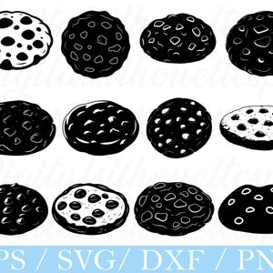 May include: A collection of twelve black and white cookie illustrations. Each cookie has a unique design, with varying sizes and arrangements of dark spots. The image includes the text "EPS / SVG / DXF / PNG" at the bottom.