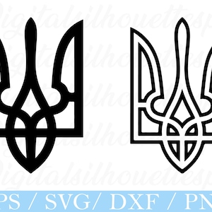 Op de afbeelding: Twee zwarte omtrekbeelden van de Tryzub, het nationale embleem van Oekraïne, worden weergegeven. De Tryzub is een drietandvorm met een centraal verticaal element en gebogen zij-elementen. De onderkant van het embleem is puntig. De tekst "EPS / SVG / DXF / PNG" staat onderaan.