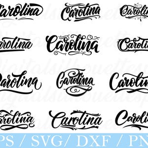 Pode incluir: Uma coleção de designs de texto "Carolina" em preto, em itálico e em vários estilos. A palavra é escrita em uma escrita fluida com enfeites decorativos. A parte inferior da imagem exibe "EPS / SVG / DXF / PNG" em uma barra azul clara.