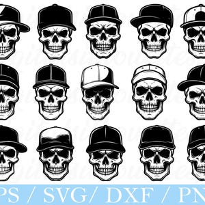 May include: A collection of black and white skull illustrations wearing various styles of baseball caps. The skulls have detailed facial features and are set against a white background. The image includes the text "EPS / SVG / DXF / PNG".