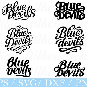 May include: A collection of six black "Blue Devils" text designs in various cursive fonts. The designs are displayed on a white background. The bottom of the image includes the text "EPS / SVG / DXF / PNG" in a light blue rectangle.
