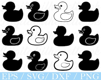 May include: A collection of rubber ducky silhouettes in black and white. The image features various duck designs, including solid black, outlined, and detailed versions. The bottom of the image displays the text "EPS / SVG / DXF / PNG" in a light blue color.
