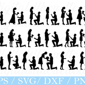 May include: Black silhouette illustrations of couples, depicting marriage proposals. The images show a man kneeling and presenting a ring to a woman. Some illustrations include bouquets. The bottom of the image has the text "EPS / SVG / DXF / PNG".