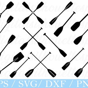 Könnte beinhalten: Eine Ansammlung schwarzer Paddel-Silhouetten in verschiedenen Ausrichtungen, darunter gekreuzte Paare und einzelne Paddel. Die Paddel haben ein klassisches Design mit einem langen Schaft und einem breiten, flachen Blatt. Der Text "EPS / SVG / DXF / PNG" ist unten im Bild enthalten.