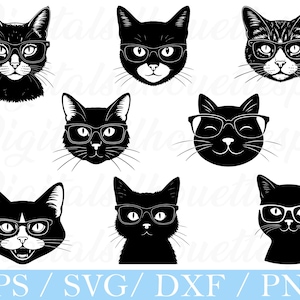 Cool Cat Wearing Glasses Svg, Cat with Glasses Silhouette, Dxf, Png