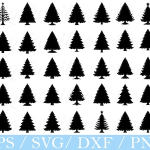 May include: A collection of black Christmas tree silhouettes in various styles. Some trees have a star on top. The image includes the text "EPS / SVG / DXF / PNG" in a blue banner at the bottom, indicating file formats.