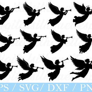 May include: Black silhouette images of angels playing trumpets, with large wings and flowing robes. Some angels have halos. The image includes the text "EPS / SVG / DXF / PNG" in a light blue banner at the bottom.