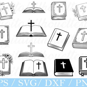 May include: A collection of black and white illustrations of Bibles and crosses. Some Bibles are open, displaying the cross, while others are closed. Floral accents adorn some of the book covers. The image includes the text "EPS / SVG / DXF / PNG".