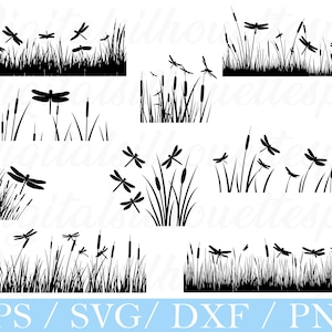 Dragonfly Flying on Reeds Svg, Flying Dragonfly Svg, Dxf, Png
