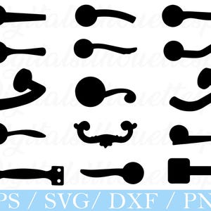 May include: Black silhouette images of various door handles and drawer pulls. Designs include curved, straight, and ornate styles. The text "EPS / SVG / DXF / PNG" is at the bottom.