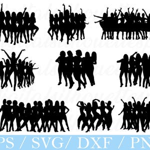 Könnte beinhalten: Schwarze Silhouette-Bilder von Personengruppen in verschiedenen Posen, mit erhobenen Armen zur Feier oder zum Tanz. Die Bilder sind im Vektorformat, mit dem Text "EPS / SVG / DXF / PNG" unten.