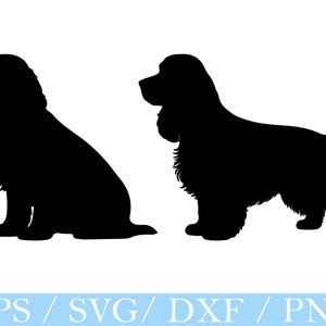 Puede incluir: Dos imágenes de silueta negra de un perro Cocker Spaniel. Una imagen muestra al perro sentado y la otra de pie. El pelaje del perro es detallado y las imágenes están sobre un fondo blanco.