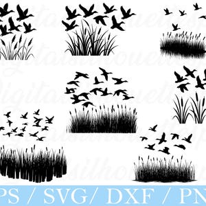 Flock of Mallard Duck Flying on Reeds Svg, Mallard Duck Silhouette, Reeds Vector, Dxf, Png