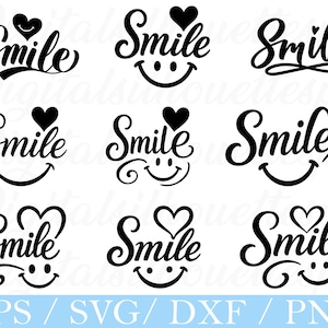 Może przedstawiać: Kolekcja dziewięciu czarnych wzorów "Smile" z sercem nad "i" i uśmiechniętą twarzą zastępującą "o". Wzory są w stylu pisma odręcznego. Na dole obrazu znajduje się tekst "EPS / SVG / DXF / PNG".