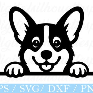 Könnte beinhalten: Schwarz-weiße Grafik eines Corgi-Hundegesichts, das über einer horizontalen Linie hervorschaut. Der Hund hat große, aufrechte Ohren, eine weiße Schnauze und einen lächelnden Ausdruck. Der Text "EPS / SVG / DXF / PNG" ist enthalten.