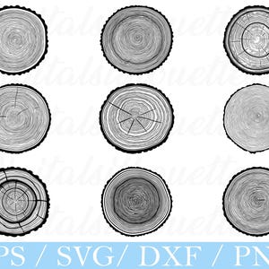 May include: Nine black and white tree cross-section illustrations. Each circular design shows the growth rings and bark texture. The bottom of the image has the text "EPS / SVG / DXF / PNG" in a light blue color.