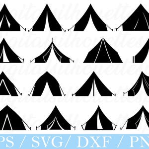 May include: Black silhouette illustrations of various tent designs. The image features multiple tent styles, including A-frame and dome tents, with different door and window configurations. The bottom of the image includes the text "EPS / SVG / DXF / PNG".