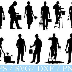 May include: A collection of black silhouette images of people in various painting poses. The figures are depicted holding paint cans, brushes, and other painting tools. Some figures are standing, while others are using ladders. The bottom of the image has the text "EPS / SVG / DXF / PNG".