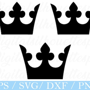 May include: Three black crown silhouettes with a classic design. The crowns have a fleur-de-lis style center and curved sides. The bottom of the image has the text "EPS / SVG / DXF / PNG" in a light blue box.