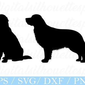 May include: Black silhouette of two dogs, one sitting and one standing. The dogs have fluffy fur and are facing left. The image is a digital graphic, with the text "EPS / SVG / DXF / PNG" in a blue banner at the bottom.
