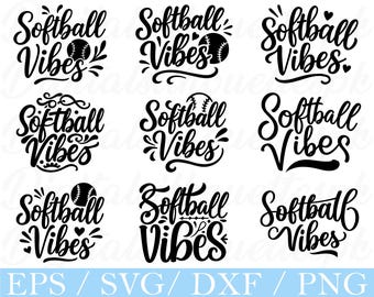 Softball Vibes Typography Svg, Softball Vibes Text Silhouette, Dxf, Png