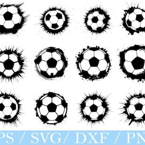 May include: A collection of twelve black and white soccer ball designs. Each ball is surrounded by a black splatter effect. The image includes the text "EPS / SVG / DXF / PNG" at the bottom, indicating file formats.