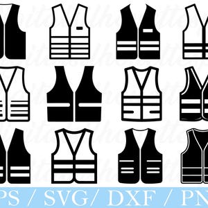 Könnte beinhalten: Eine Sammlung von schwarz-weißen Sicherheitswesten-Designs. Die Westen variieren im Stil, einige mit horizontalen Streifen, andere mit Taschen, alle mit V-Ausschnitt. Der Text "EPS / SVG / DXF / PNG" ist unten im Bild enthalten.
