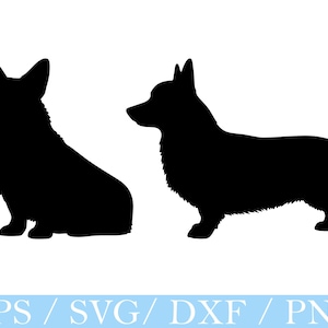 May include: Two black silhouette images of a Corgi dog. One is sitting, the other is standing. The image has a white background. The bottom of the image has the text "EPS / SVG / DXF / PNG" in a light blue bar.