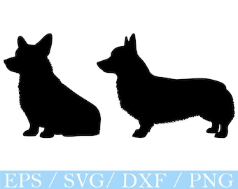 Op de afbeelding: Twee zwarte silhouetafbeeldingen van een Corgi-hond. Eén zit, de andere staat. De afbeelding heeft een witte achtergrond. De onderkant van de afbeelding heeft de tekst "EPS / SVG / DXF / PNG" in een lichtblauwe balk.