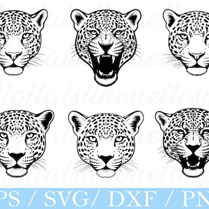 Puede incluir: Seis ilustraciones en blanco y negro de caras de leopardo. Las cabezas de leopardo se muestran en varias expresiones, incluyendo bocas abiertas y cerradas. La parte inferior de la imagen tiene el texto "EPS / SVG / DXF / PNG".