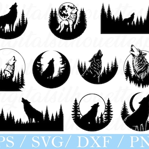 May include: A selection of black and white wolf designs. The designs feature wolves howling at the moon, set amongst pine trees, and within circular and rectangular frames. The bottom of the image displays the text "EPS / SVG / DXF / PNG".