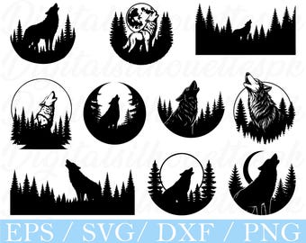 Howling Wolf Silhouette: Forest Scene - SVG, PNG, DXF Files (Digital Download)