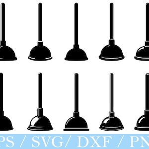 Op de afbeelding: Een verzameling van tien zwart-witte ontstoppers, elk met een afgeronde rubberen zuignap en een lange steel. De ontstoppers zijn gerangschikt in twee rijen van vijf tegen een witte achtergrond. De tekst "EPS / SVG / DXF / PNG" staat onderaan de afbeelding.