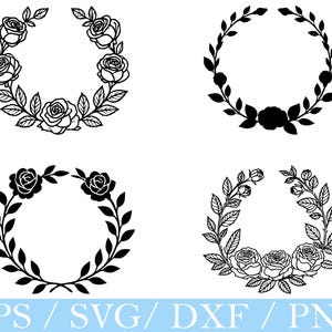 May include: Four black and white floral wreath designs. The wreaths feature roses and leaves in various arrangements. The bottom of the image displays the text "EPS / SVG / DXF / PNG" in a light blue box.