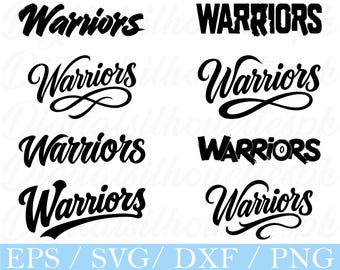 Könnte beinhalten: Eine Sammlung von acht schwarzen "Warriors"-Textdesigns in verschiedenen Schriftarten und Stilen. Der Text wird auf weißem Hintergrund angezeigt, mit den Dateitypen EPS, SVG, DXF und PNG am unteren Rand.