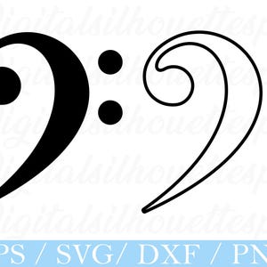 Op de afbeelding: Twee bassleutelsymbolen, één effen zwart en de andere zwart omlijnd. Beide hebben twee stippen rechts. De onderkant van de afbeelding heeft de tekst "EPS / SVG / DXF / PNG" in een lichtblauwe rechthoek.