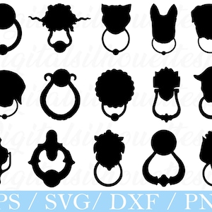 Könnte beinhalten: Eine Sammlung schwarzer Türklopfer-Silhouetten in verschiedenen Designs, darunter Tiergesichter, Blumenmuster und klassische Ringzüge. Der Text "EPS / SVG / DXF / PNG" ist enthalten.