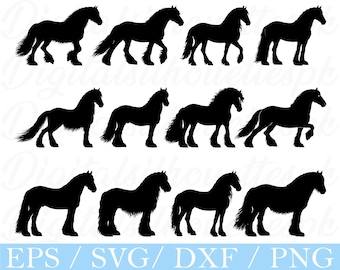 Silueta de caballo frisón: archivos de corte SVG, PNG y DXF (descarga digital)