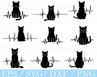 Cat With Heartbeat Line Svg, Cat Silhouette, Dxf, Png