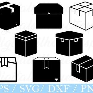May include: A collection of black and white box illustrations in various styles. The designs include boxes with flaps, tape, and different perspectives. The bottom of the image displays the text "EPS / SVG / DXF / PNG".