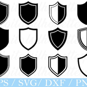 Puede incluir: Una colección de doce diseños de escudos en blanco y negro. Los escudos varían en estilo, incluyendo diseños en negro sólido, contorneados y divididos. La imagen incluye el texto "EPS / SVG / DXF / PNG" en la parte inferior.
