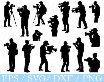 May include: A series of black silhouette images depicting individuals with video cameras. Some figures are standing, while others are using tripods. The image includes the text "EPS / SVG / DXF / PNG" at the bottom.