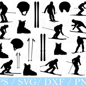 May include: A collection of black silhouette illustrations of skiing equipment and skiers. The image includes skiers in action, ski boots, helmets, skis, and ski poles. The text at the bottom reads "EPS / SVG / DXF / PNG".