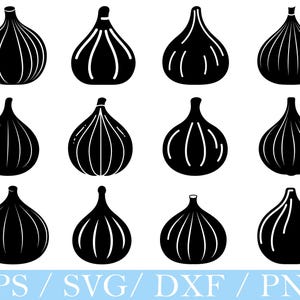 May include: A collection of twelve black fig illustrations with white outlines. The figs are stylized with vertical lines and a stem. The image includes the text "EPS / SVG / DXF / PNG" in a light blue banner at the bottom.