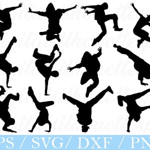 Könnte beinhalten: Schwarze Silhouette-Illustrationen von Breakdance-Figuren in verschiedenen dynamischen Posen. Das Bild zeigt mehrere Tänzer in der Bewegung und zeigt eine Reihe von Breakdance-Stilen. Der untere Teil des Bildes zeigt den Text "EPS / SVG / DXF / PNG".