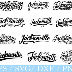 May include: A selection of black Jacksonville word art designs in different elegant script fonts. The image shows multiple variations of the word "Jacksonville" with decorative flourishes, suitable for digital design projects. The bottom of the image includes the text "EPS / SVG / DXF / PNG".