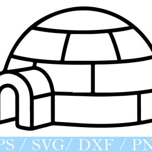 Può includere: Illustrazione in bianco e nero di un igloo con una cupola arrotondata e un ingresso rettangolare. Il testo "EPS / SVG / DXF / PNG" è visibile nella parte inferiore dell'immagine.