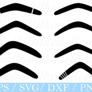 May include: A collection of eight black boomerang designs in various styles. Some boomerangs have white stripes or markings on the tips. The image includes the text "EPS / SVG / DXF / PNG" in a blue banner at the bottom.